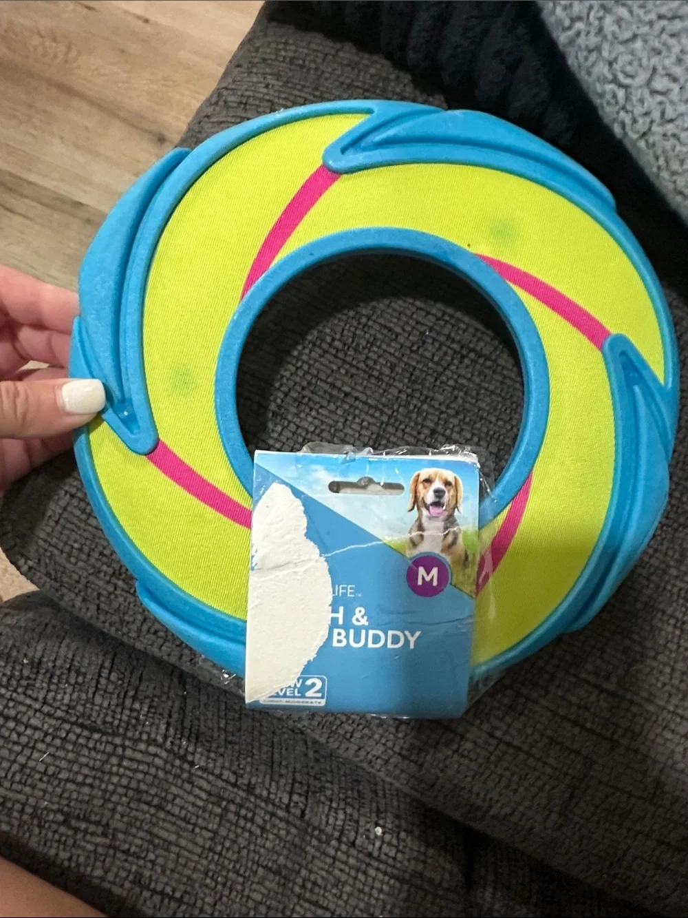 Round Dog Flyer Toy in Bright Lime, Blue & Pink chew level 2